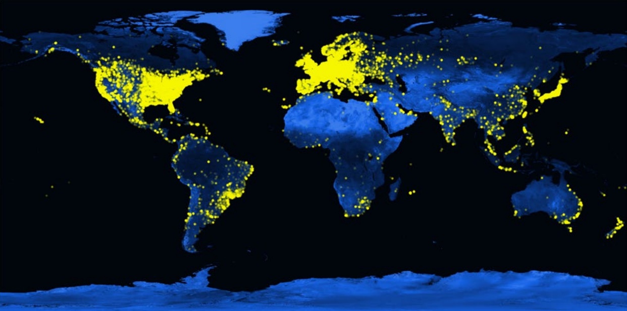 World map showing global distribution of Folding@home users from Nature Chemistry 13:651–659, 2021 paper.